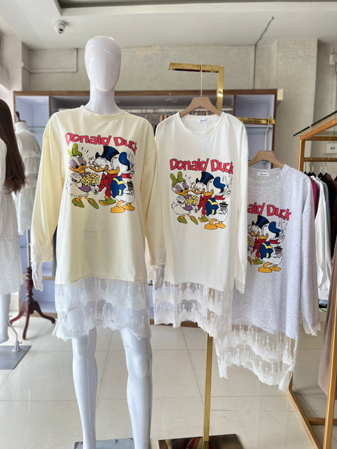 Summer Casual Printed Full Sleeves Lace Detail T-Shirts Dress